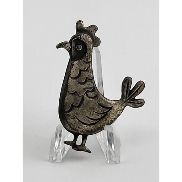 Vintage LG Signed Bird Brooch 2" Whimsical Pewter Tone Folk Art Pin - Picture 2 of 4